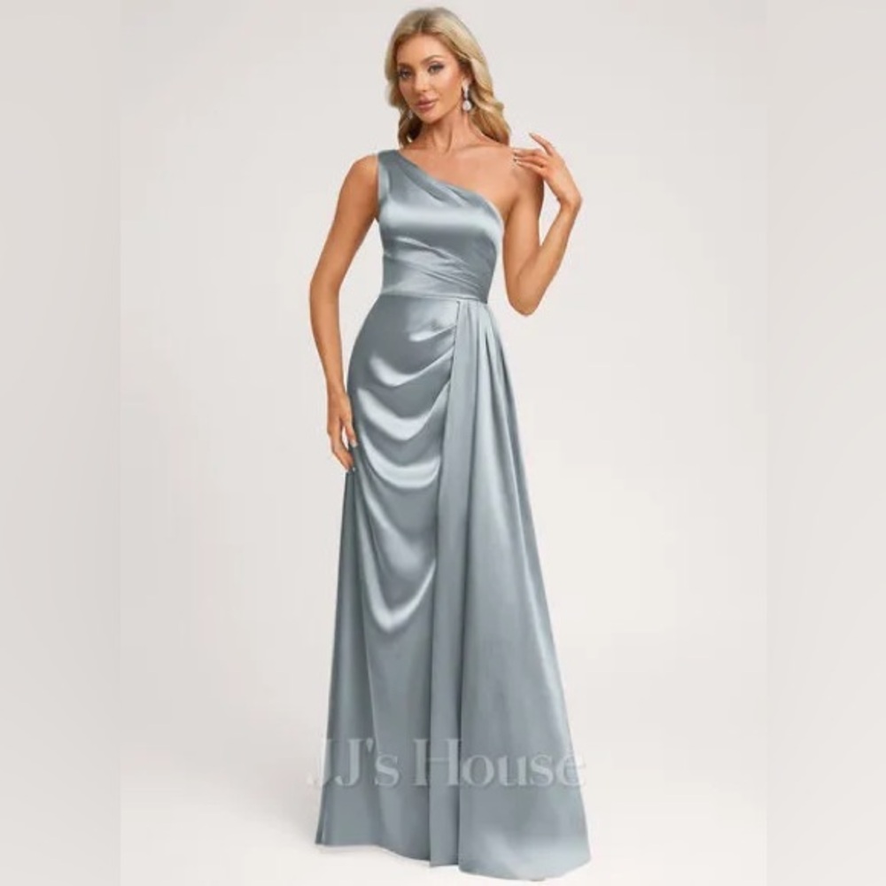 JJs House Silver-Gray One-Shoulder Satin Evening Dress